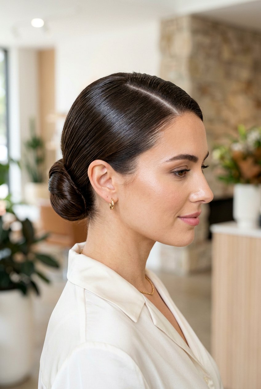 Sleek low bun side part - 20 sleek bun hairstyles - 20 sleek bun hairstyles