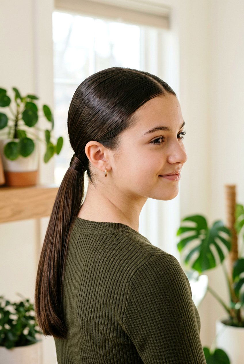 Sleek low ponytail with middle part - 20 hairstyles for teenage girls - 20 hairstyles for teenage girls