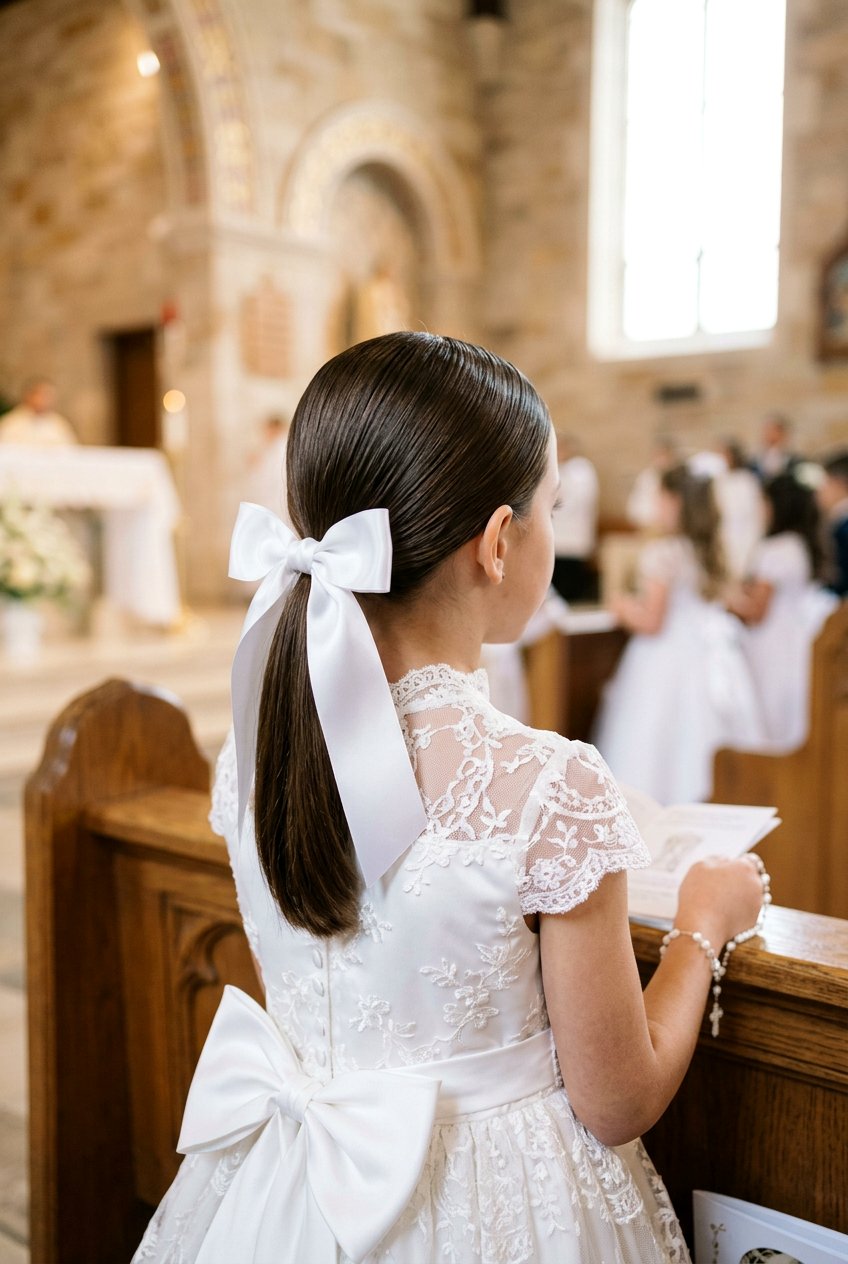 Sleek low ponytail with white ribbon - 20 communion ponytail hairstyle - 20 communion ponytail hairstyle