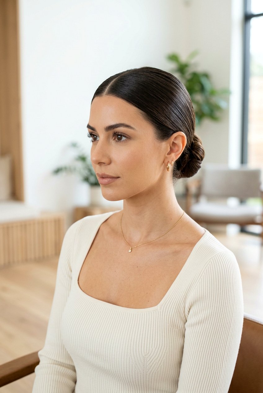 Sleek middle part bun - 20 frizz proof bun for humid weather - 20 frizz proof bun for humid weather