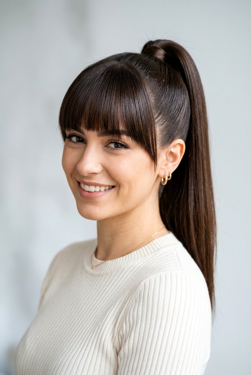 Sleek ponytail with fringe - 20 sleek ponytail hairstyles - 20 sleek ponytail hairstyles