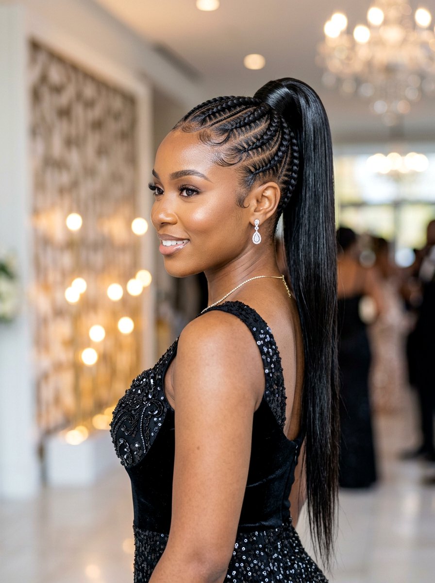 Sleek ponytail with stitch braids - 20 stitch braids into ponytail - 20 stitch braids into ponytail