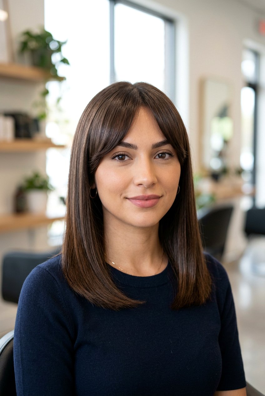 Sleek shoulder length hair with arched bangs - 20 shoulder length haircuts with bangs - 20 shoulder length haircuts with bangs