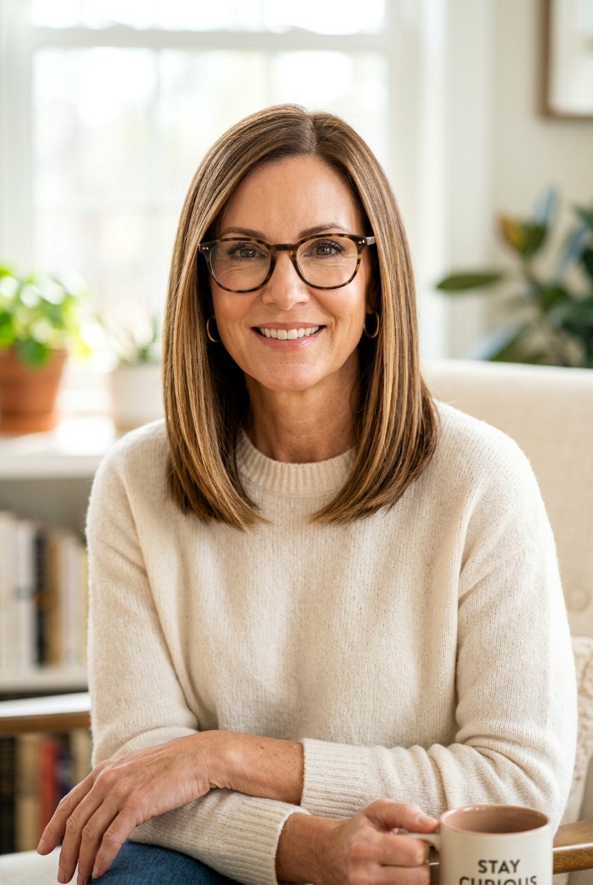 Sleek straight lob with highlights - 20 hairstyles for women over 50 with glasses - 20 hairstyles for women over 50 with glasses