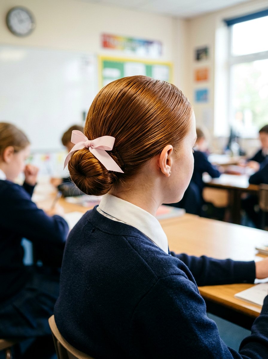 Slick Back Bun With Ribbon Accessory - 20 school slick back bun hairstyle - 20 school slick back bun hairstyle