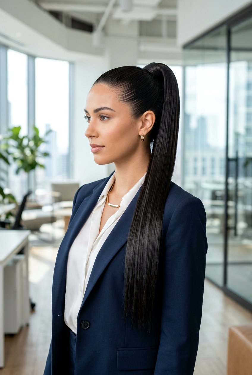 Slick Back High Ponytail For Humidity - 20 work hairstyle for humid weather - 20 work hairstyle for humid weather