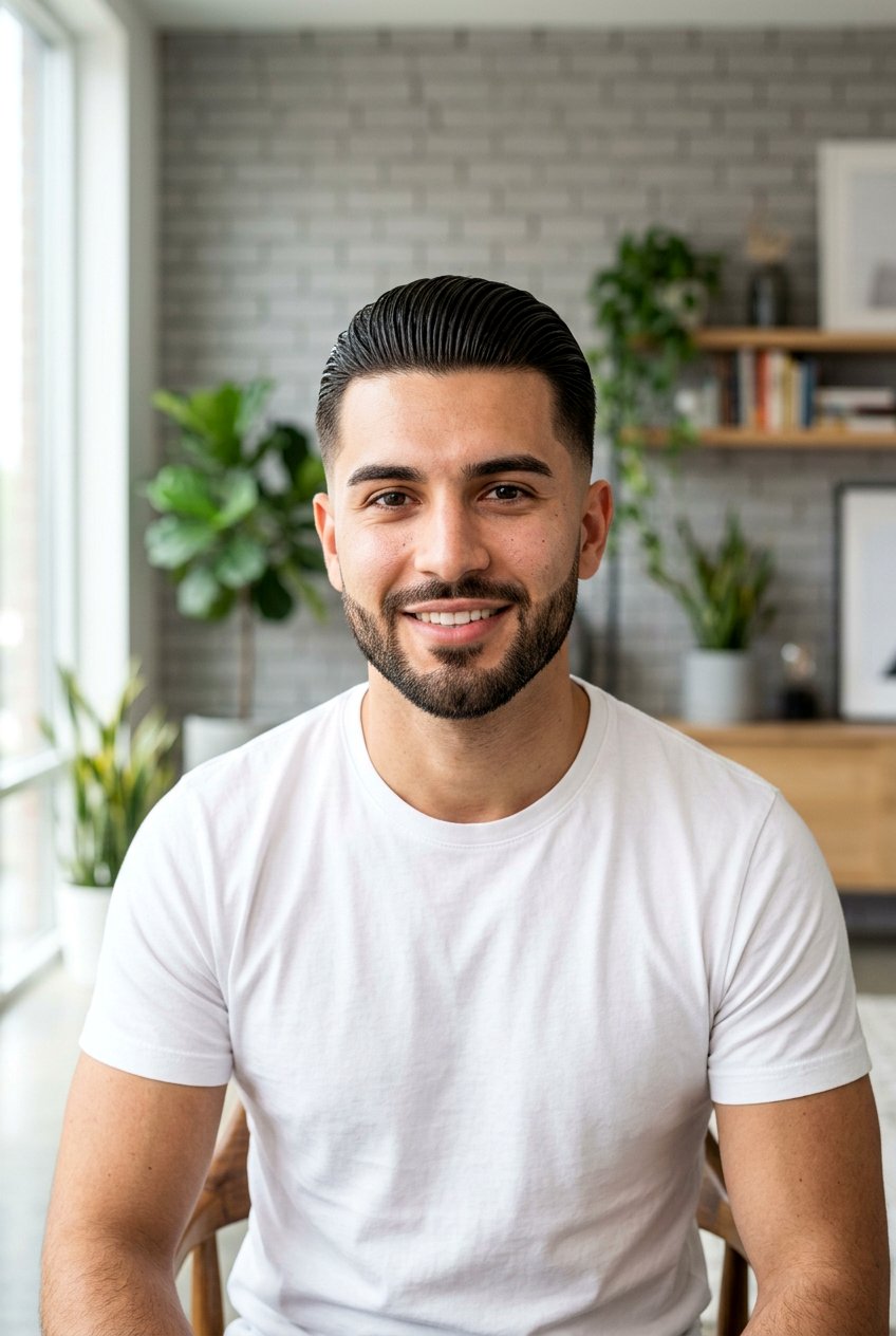 Slick Back Taper Fade With Short Beard - 20 men beard fade with taper haircut - 20 men beard fade with taper haircut