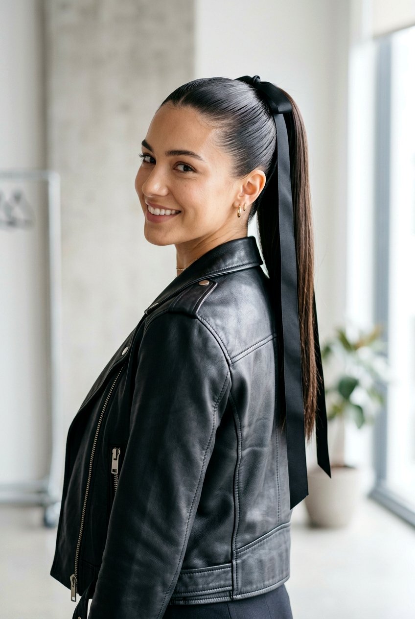 Slick Back With Ribbon Tail - 20 coquette hairstyle with ribbon bow - 20 coquette hairstyle with ribbon bow