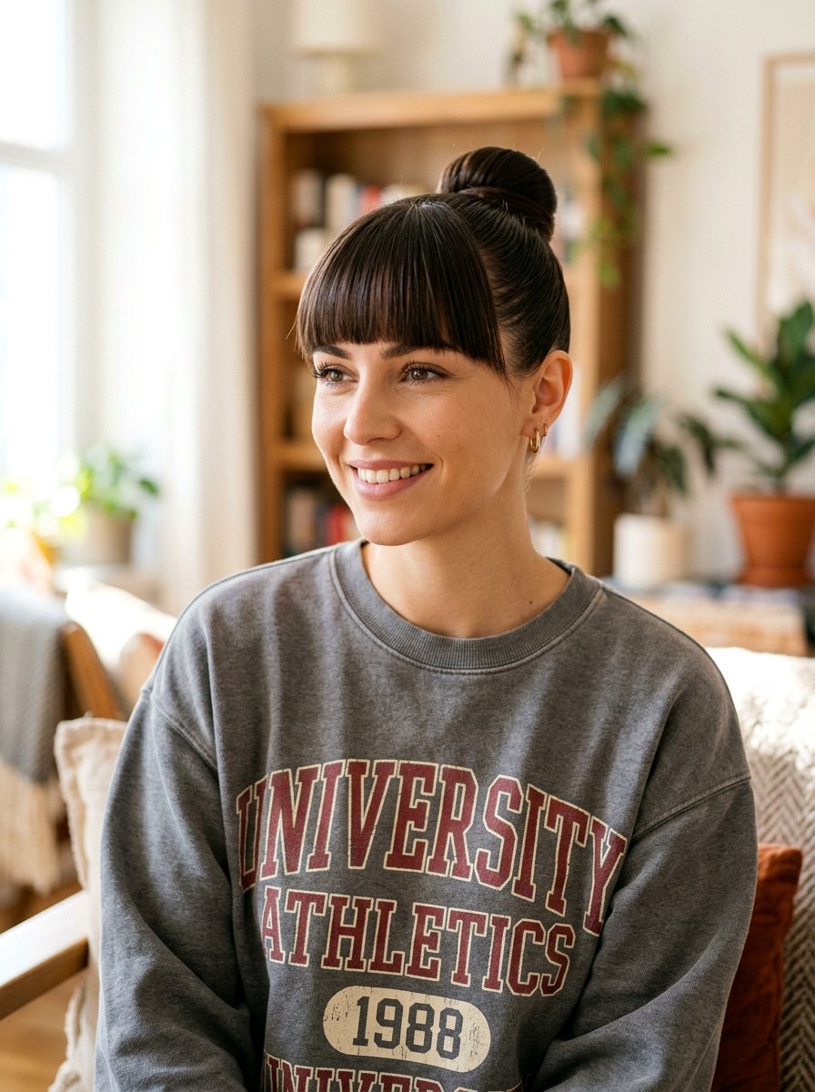 Slick Bun With Bangs - 20 gym hairstyle with slick bun - 20 gym hairstyle with slick bun