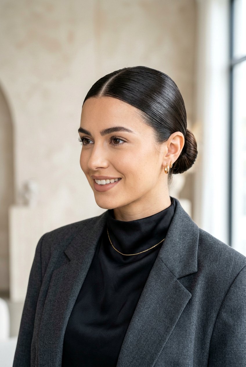 Slick Bun With Center Part And Glossy Finish - 20 clean girl slick bun - 20 clean girl slick bun