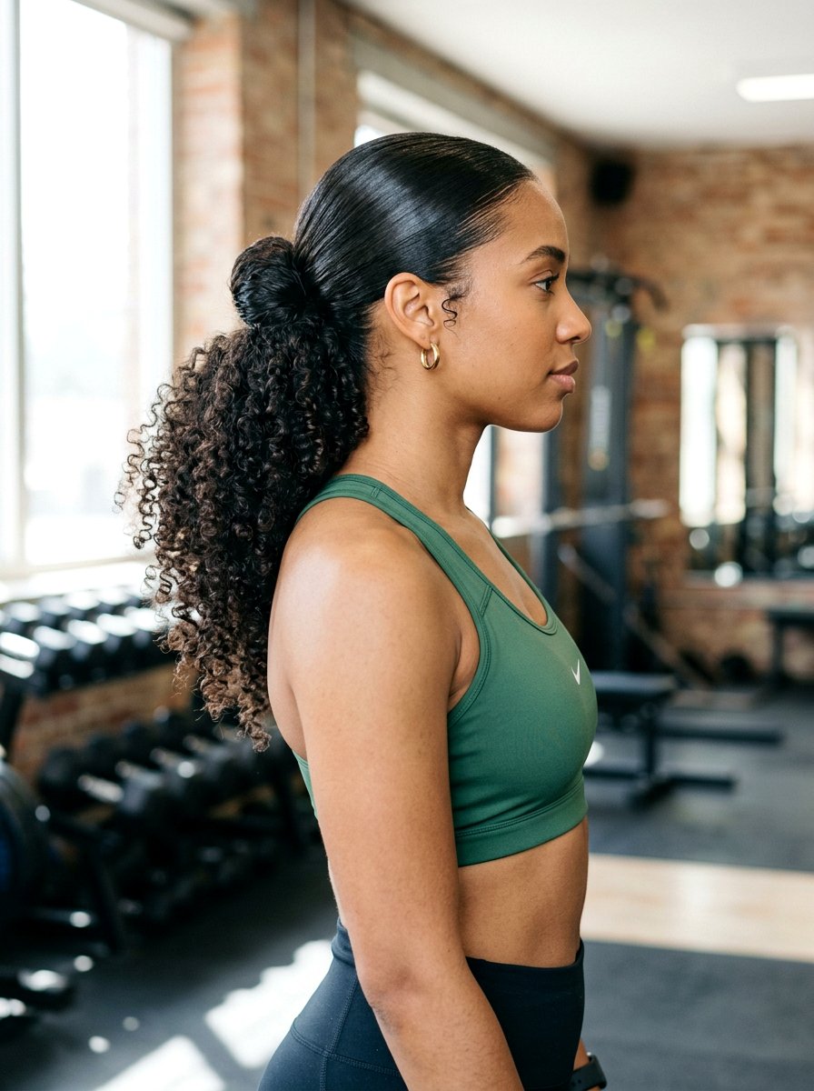 Slick Bun With Curly Ends - 20 gym hairstyle with slick bun - 20 gym hairstyle with slick bun