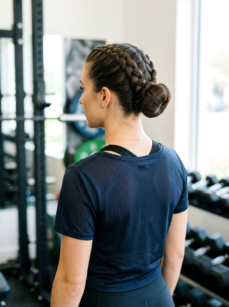 Slick Bun With Dutch Braid - 20 gym hairstyle with slick bun - 20 gym hairstyle with slick bun