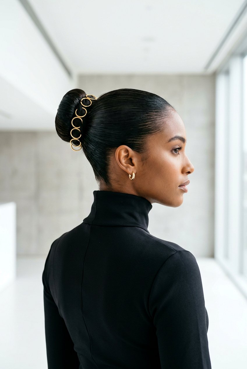 Slick Bun With Metallic Accessories - 20 editorial slick bun hairstyle - 20 editorial slick bun hairstyle