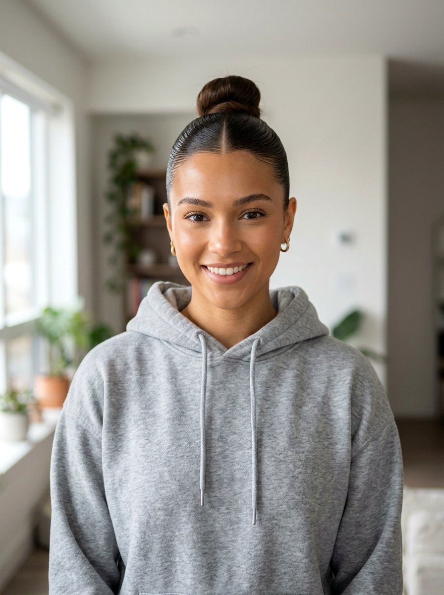 Slick Bun With Middle Part - 20 gym hairstyle with slick bun - 20 gym hairstyle with slick bun