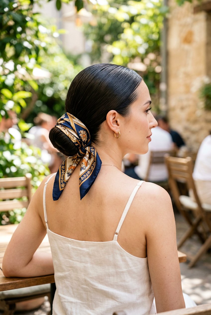 Slick Low Bun With Scarf Wrap - 20 editorial slick bun hairstyle - 20 editorial slick bun hairstyle