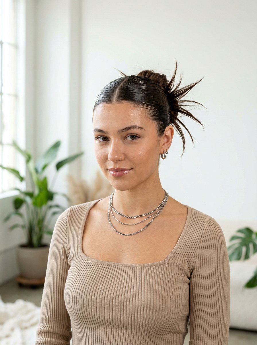 Slick Middle Part Spiky Bun - 20 y2k spiky bun hairstyle - 20 y2k spiky bun hairstyle