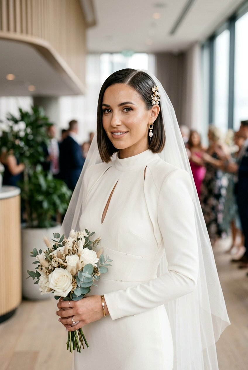 Slick Side Bob - 20 bridal hairstyle for short bob with veil - 20 bridal hairstyle for short bob with veil