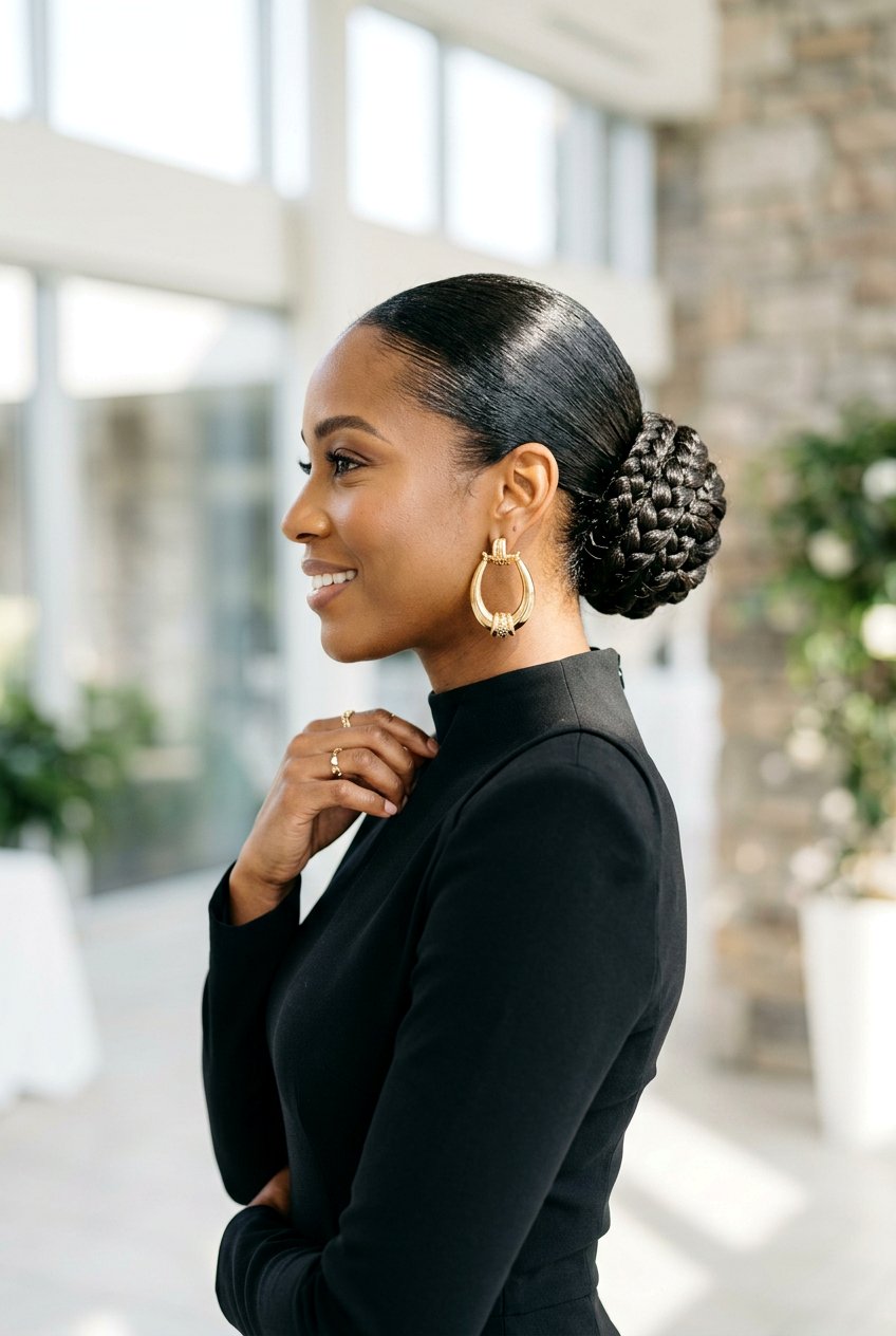 Slicked Back Braided Bun - 20 festive braid bun hairstyle - 20 festive braid bun hairstyle