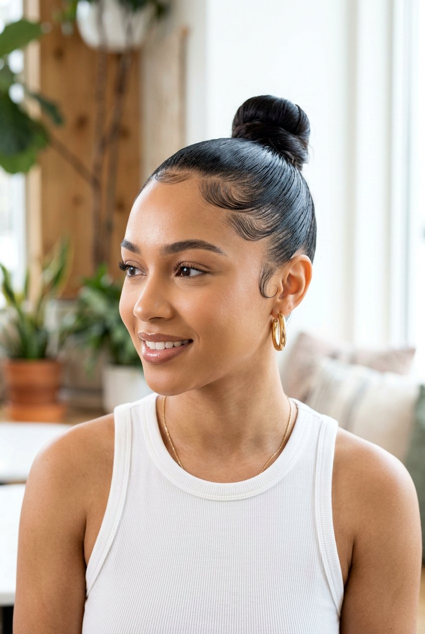 Slicked Back Bun with Baby Hair Edges - 20 clean girl hairstyles - 20 clean girl hairstyles