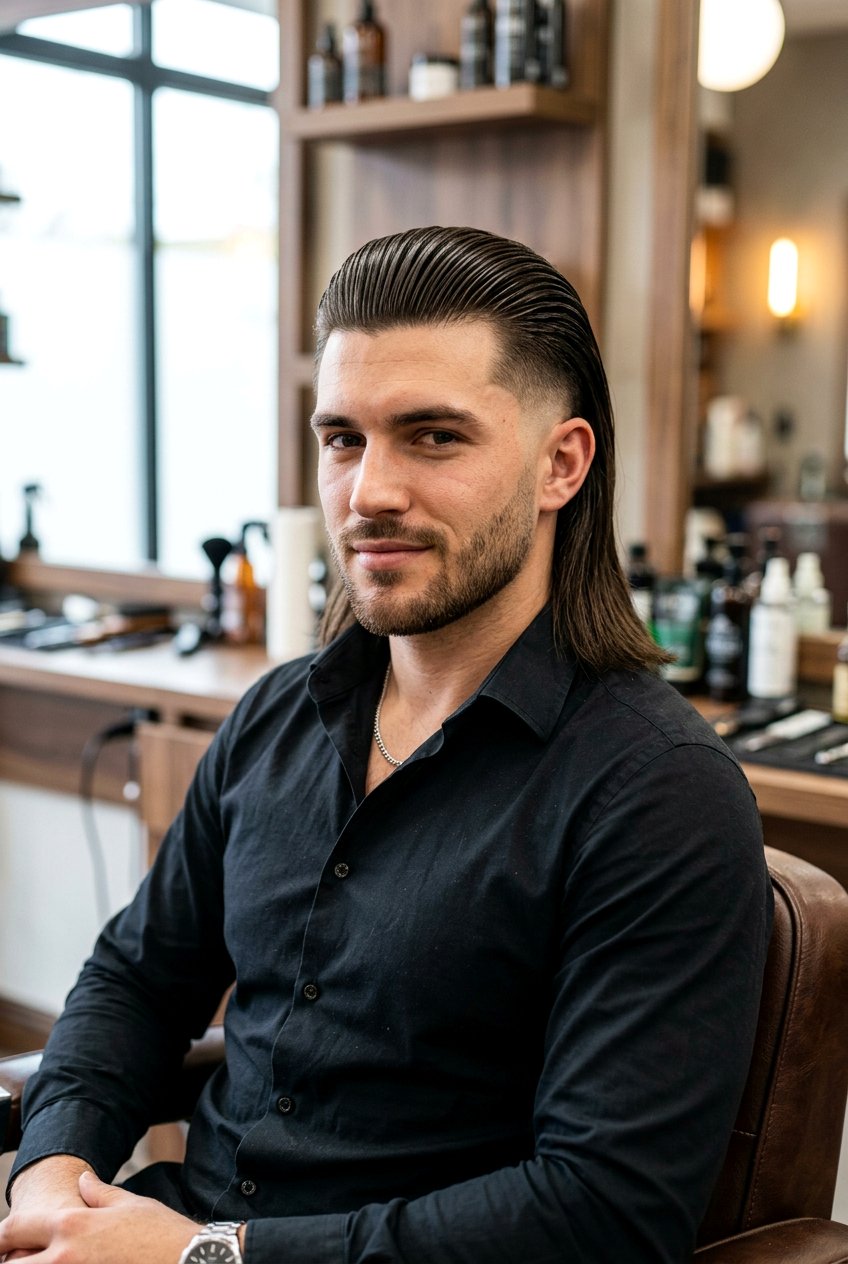 Slicked Back Burst Fade Mullet Straight Hair - 20 burst fade mullet for men with straight hair - 20 burst fade mullet for men with straight hair