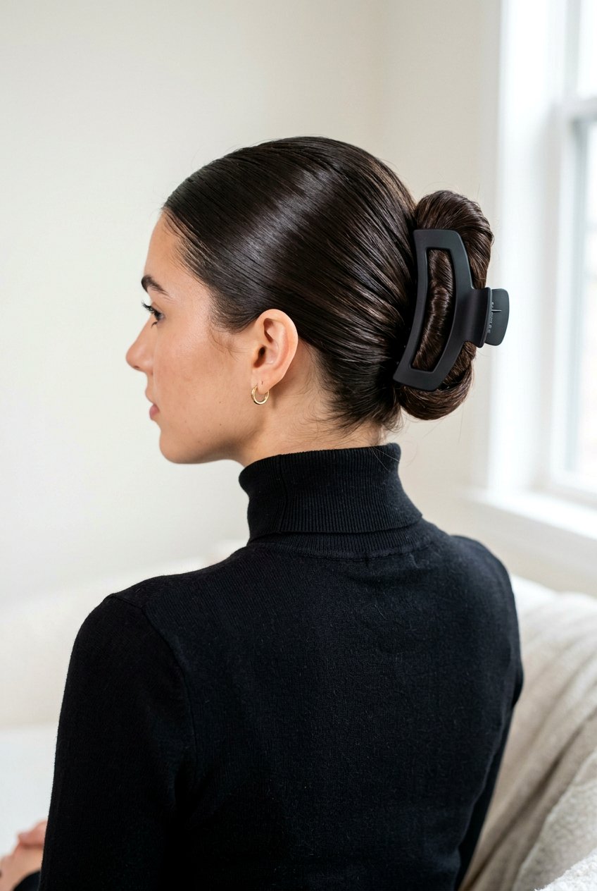 Slicked Back Claw Clip Updo - 20 dorm friendly claw clip hairstyle - 20 dorm friendly claw clip hairstyle