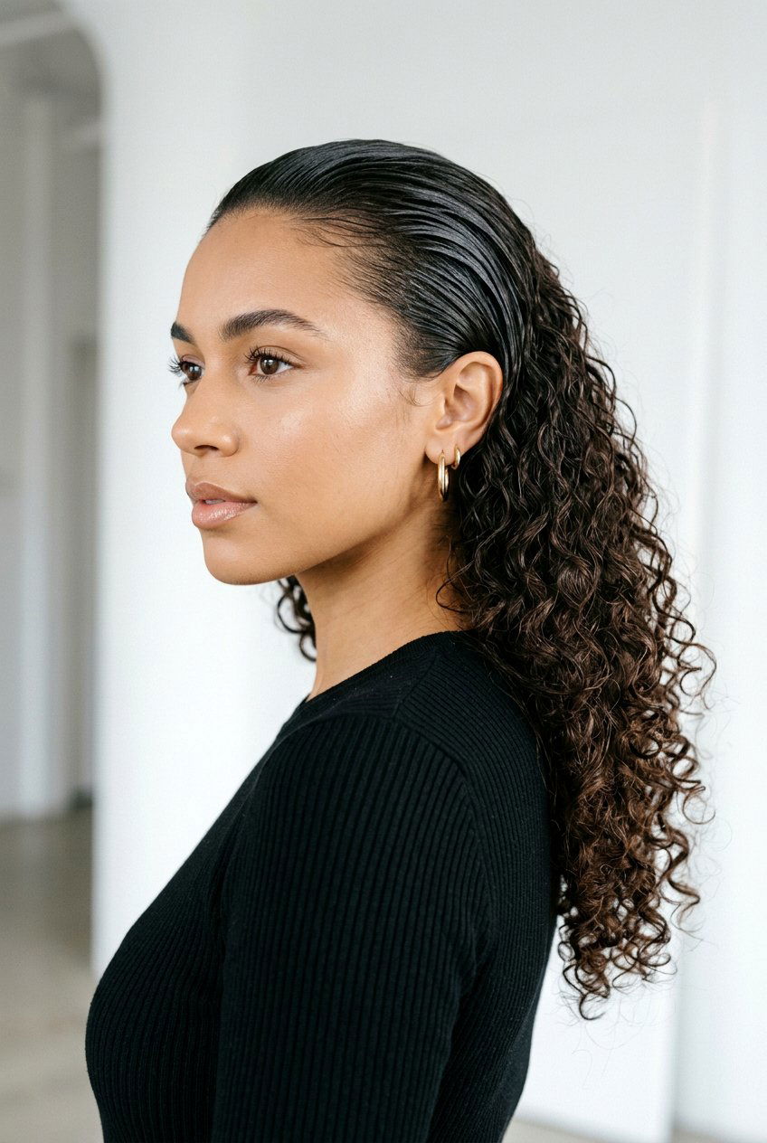 Slicked Back Curls - 20 prom hairstyle for curly natural hair - 20 prom hairstyle for curly natural hair