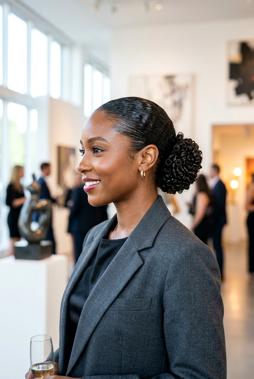 Slicked Back Curly Bun - 20 birthday hairstyle for curly shoulder length hair - 20 birthday hairstyle for curly shoulder length hair