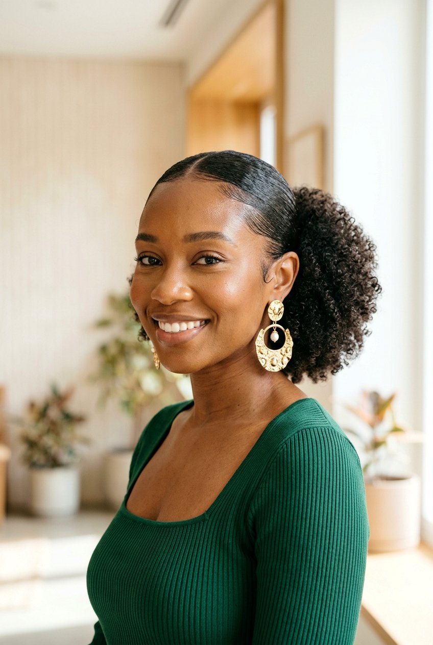 Slicked Back Curly Puff - 20 birthday hairstyle for curly shoulder length hair - 20 birthday hairstyle for curly shoulder length hair