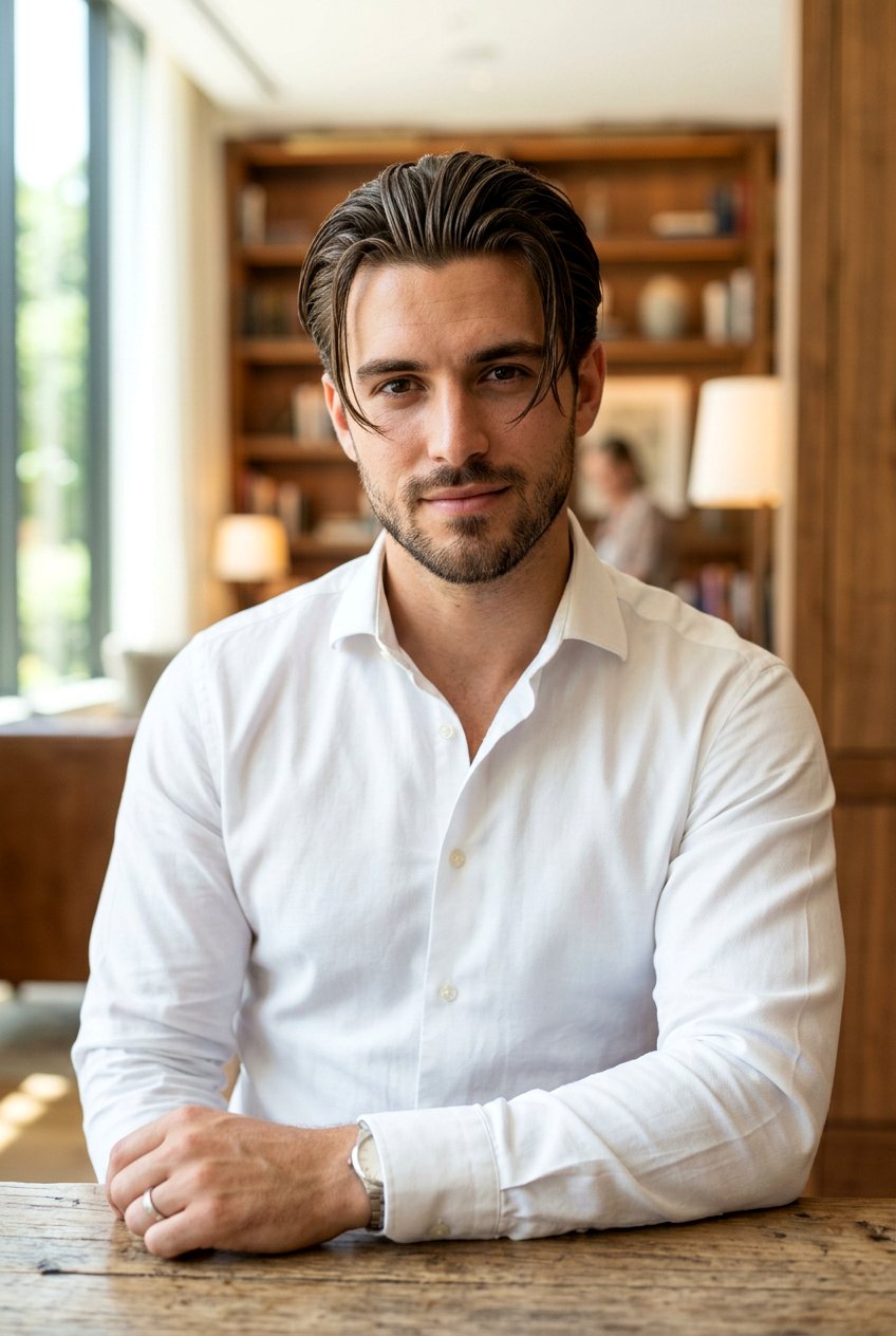 Slicked Back Curtains - 20 curtain haircut for straight hair men - 20 curtain haircut for straight hair men