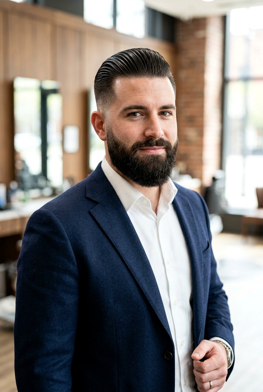 Slicked Back Fade With Full Beard - 20 beard fade haircut - 20 beard fade haircut