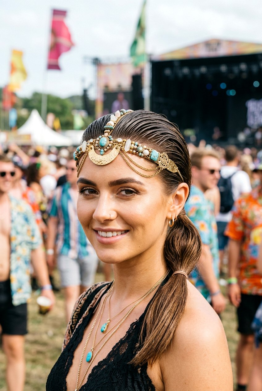 Slicked Back Festival Hair With Headpiece - 20 festival hairstyles for women - 20 festival hairstyles for women