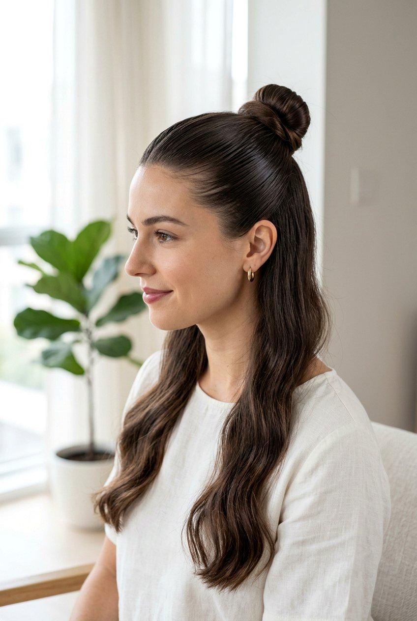 Slicked Back Half Up Bun - 20 last day of school hairstyles - 20 last day of school hairstyles