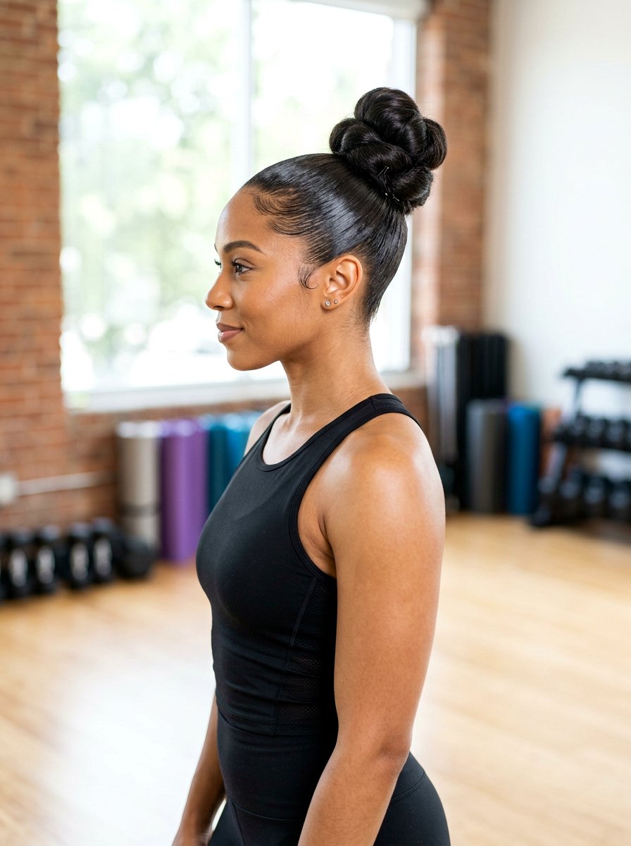 Slicked Back High Bun For Gym - 20 gym hairstyle for thick curly hair - 20 gym hairstyle for thick curly hair