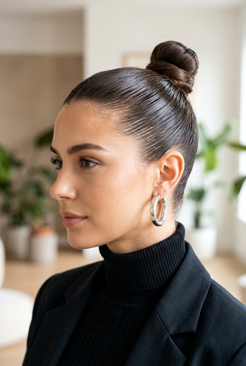 Slicked Back High Bun - 20 concert bun hairstyles - 20 concert bun hairstyles