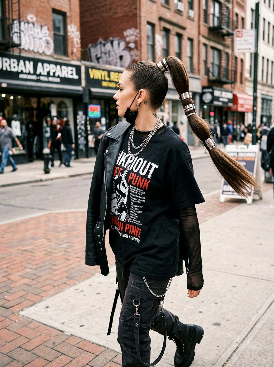 Slicked Back High Ponytail With Cuffs - 20 cute hairstyle for amusement park - 20 cute hairstyle for amusement park