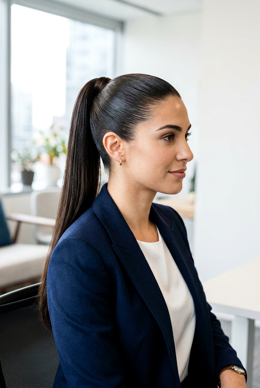Slicked Back High Ponytail for Rainy Days - 20 monsoon hairstyle for long hair - 20 monsoon hairstyle for long hair
