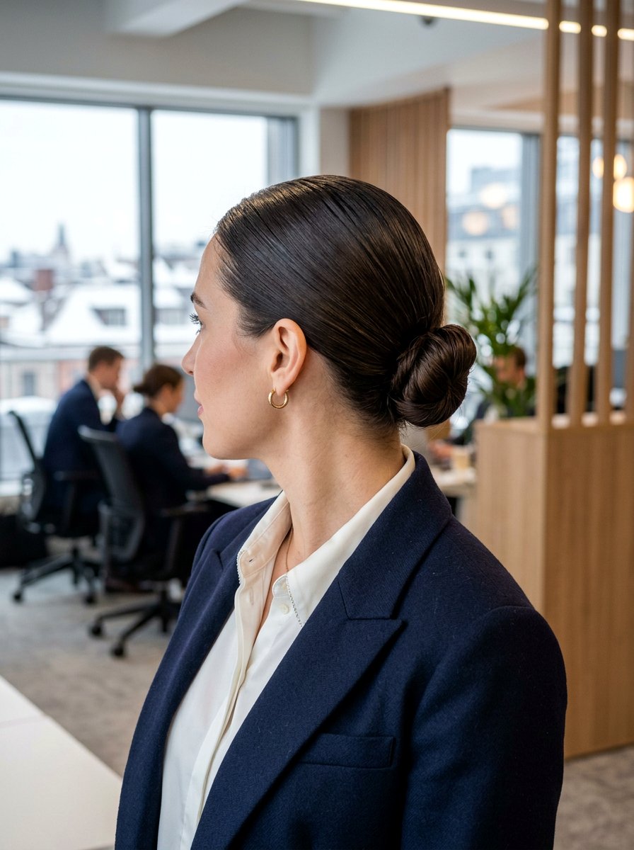 Slicked Back Low Bun - 20 easy hairstyle for school run moms - 20 easy hairstyle for school run moms