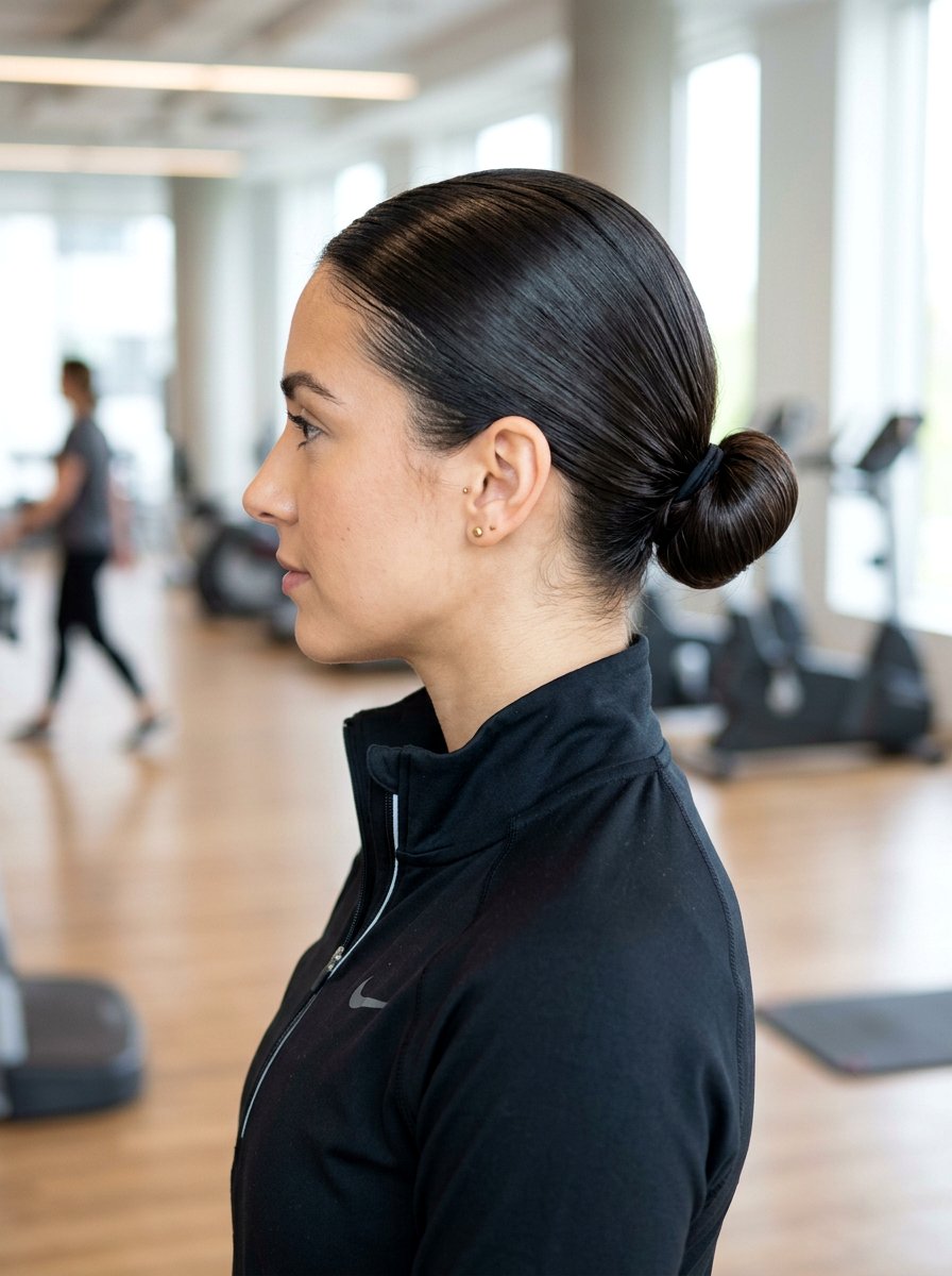 Slicked Back Low Bun - 20 quick hairstyle for gym mornings - 20 quick hairstyle for gym mornings
