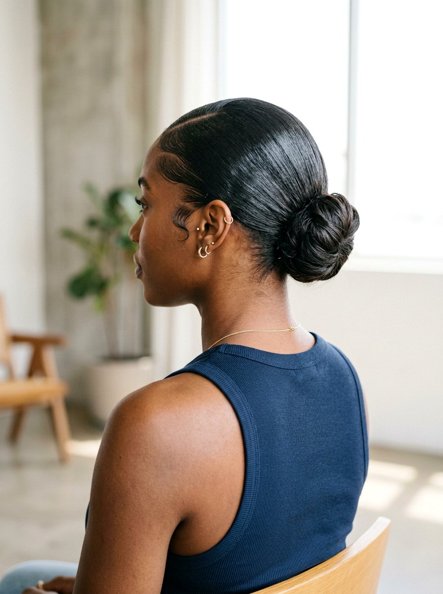 Slicked Back Low Bun With Layered Ends - 20 gym hairstyle for medium layers - 20 gym hairstyle for medium layers