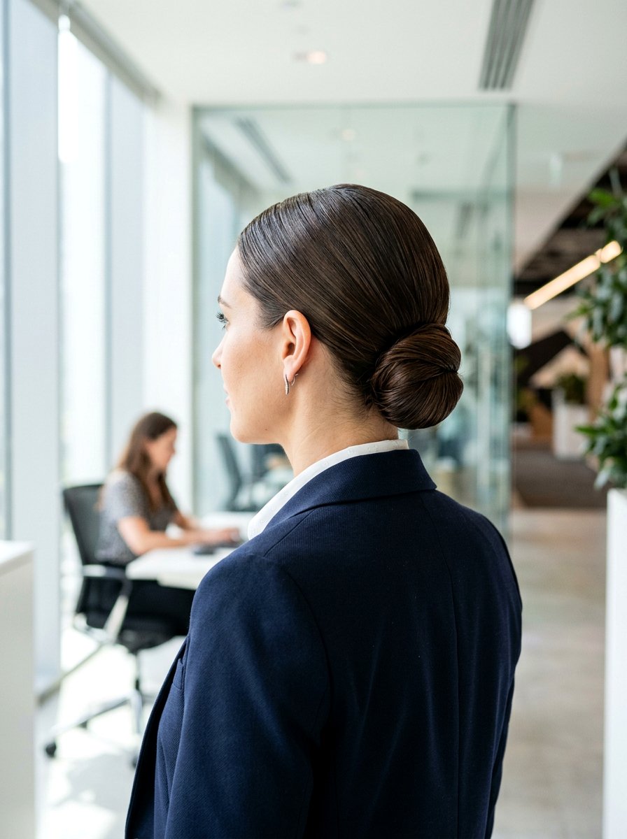 Slicked Back Low Chignon - 20 office hairstyle for humid days - 20 office hairstyle for humid days
