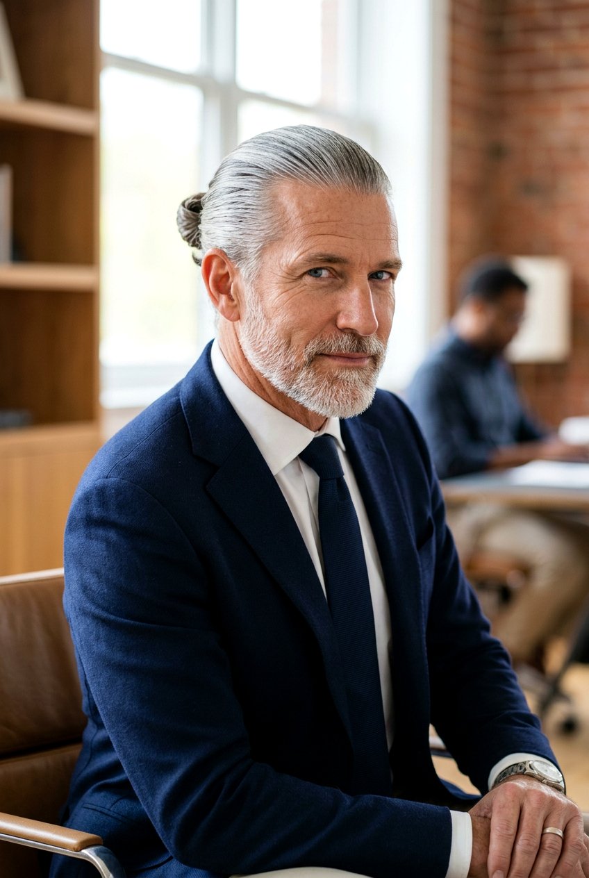 Slicked Back Man Bun - 20 long gray hairstyles for men - 20 long gray hairstyles for men