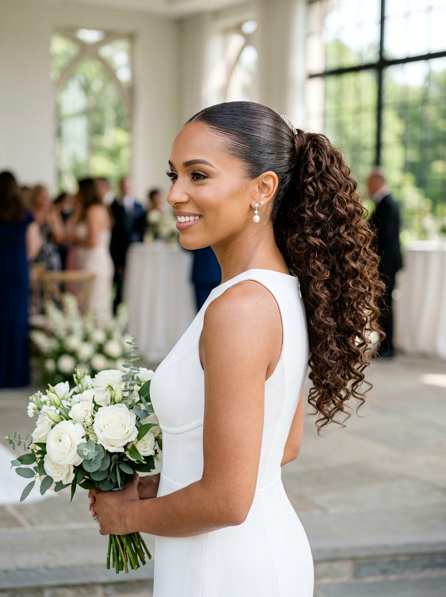 Slicked Back Ponytail - 20 wedding hairstyles for curly brides - 20 wedding hairstyles for curly brides