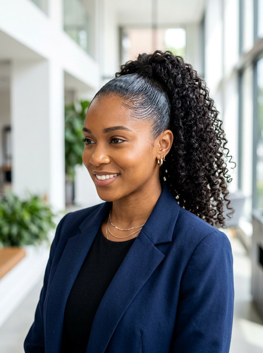 Slicked Back Ponytail For Curly Hair - 20 easy work hairstyle for long curly hair - 20 easy work hairstyle for long curly hair