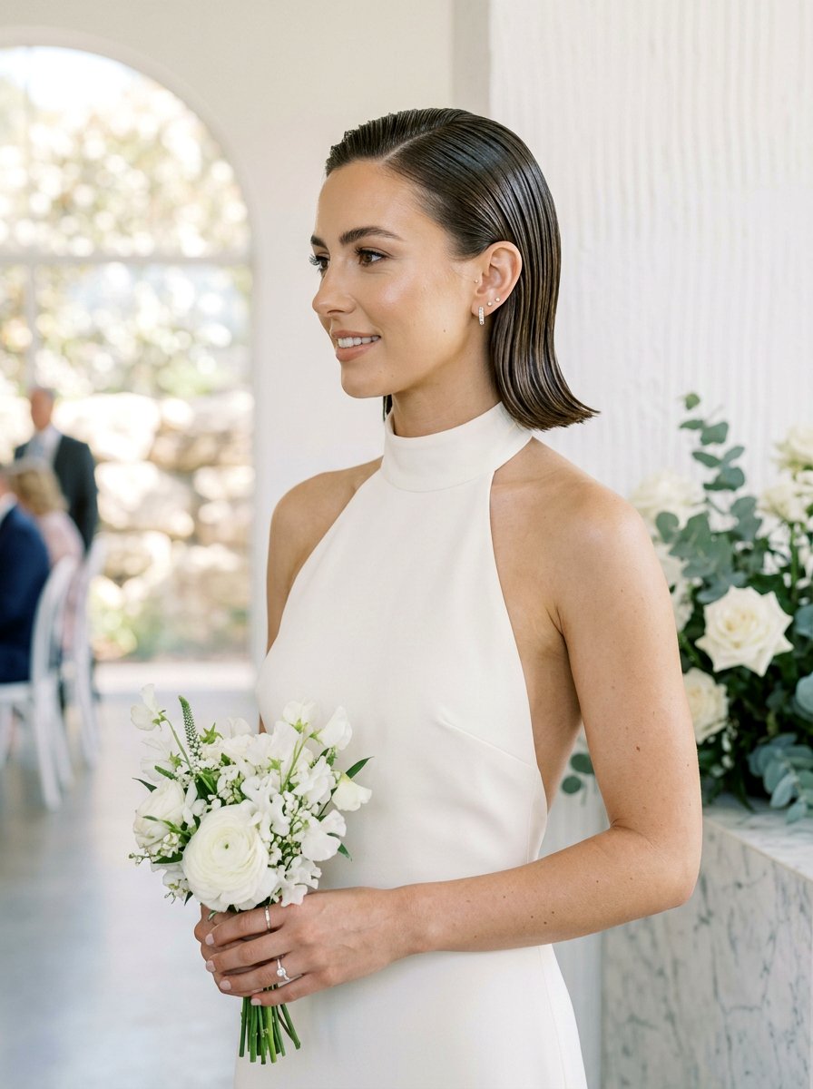 Slicked Back Wet Bob - 20 wedding hairstyles for short bob hair - 20 wedding hairstyles for short bob hair