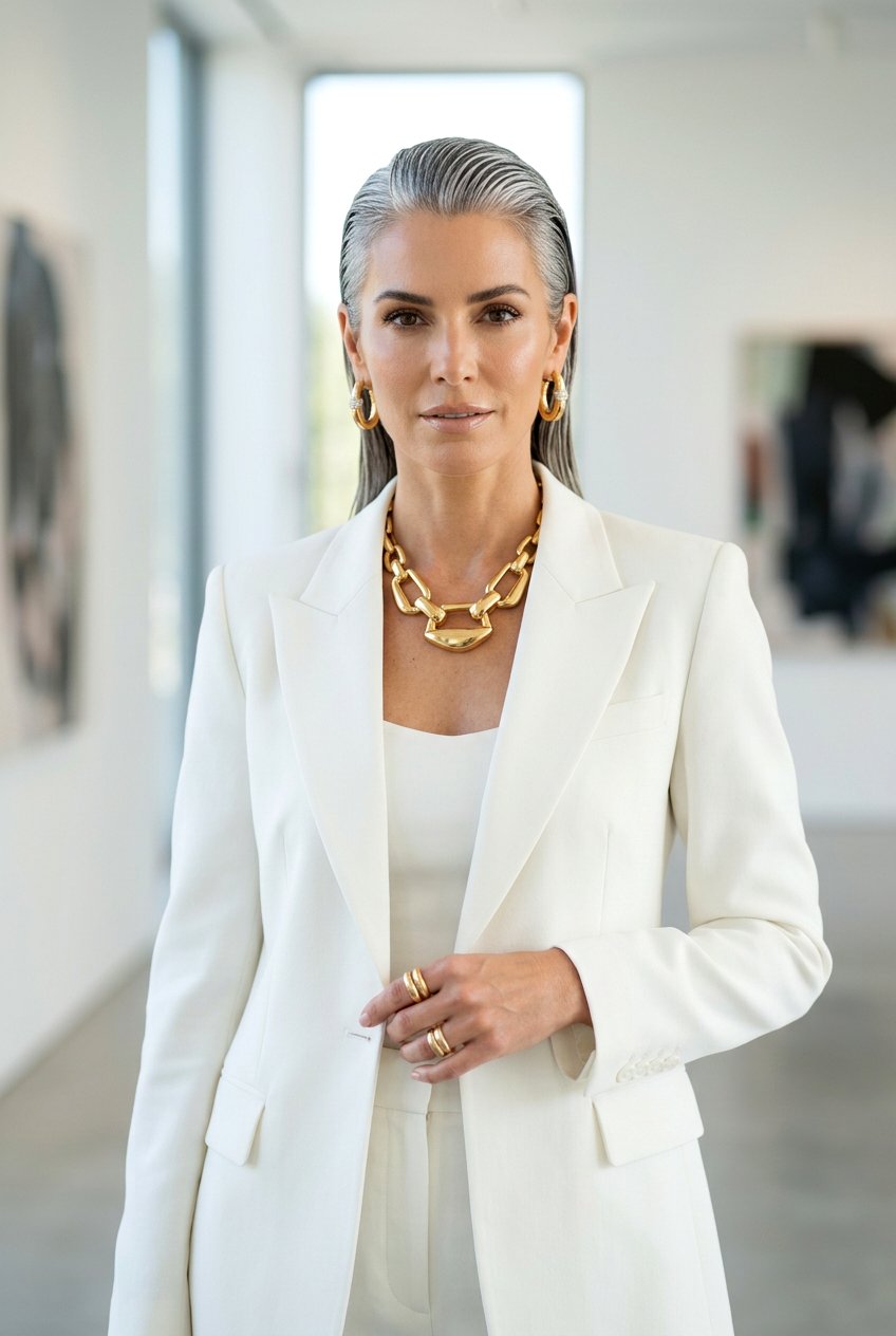 Slicked Back Wet Look - 20 wedding guest hairstyle for naturally gray hair - 20 wedding guest hairstyle for naturally gray hair