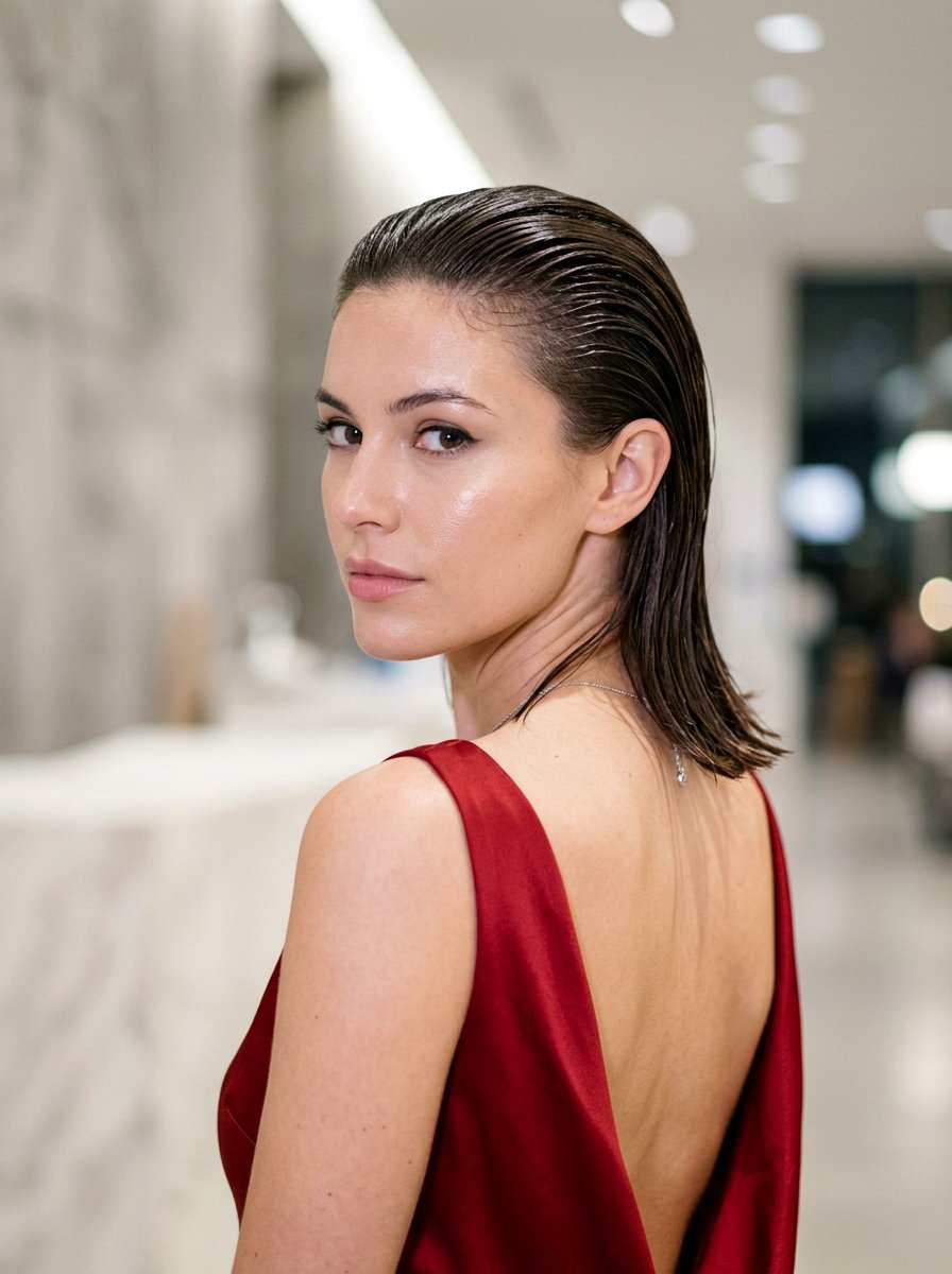 Slicked Back Wet Look - 20 party hairstyle for red dress - 20 party hairstyle for red dress