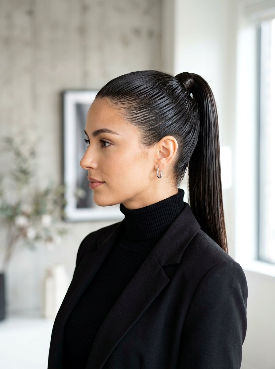 Slicked Back Wet Look Ponytail - 20 easy hairstyle for long fine straight hair - 20 easy hairstyle for long fine straight hair