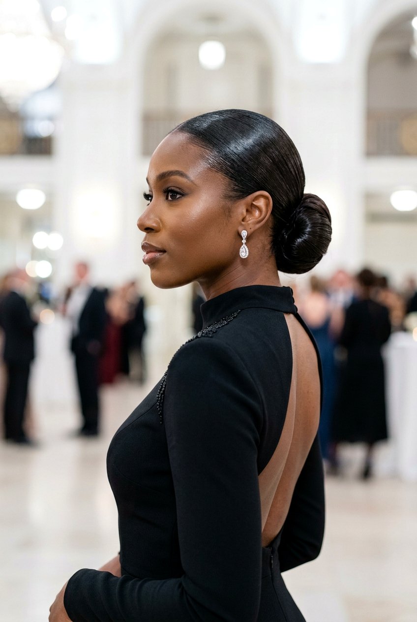 Slicked Low Bun - 20 black women classy updo hairstyles - 20 black women classy updo hairstyles