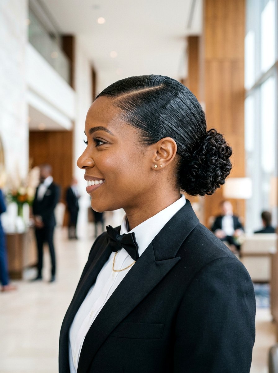 Slicked Side Part Curly Bun - 20 recital hairstyles for curly hair - 20 recital hairstyles for curly hair