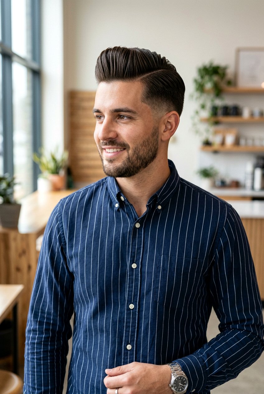 Slicked Side Part Pompadour - 20 haircuts for cowlick in front - 20 haircuts for cowlick in front